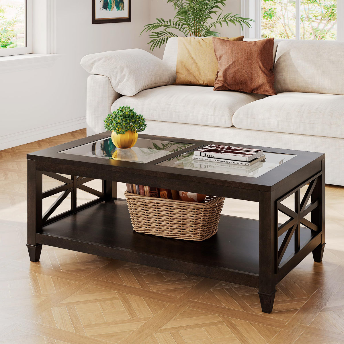 45.5"W Solid Wood Glass Coffee Table C8311