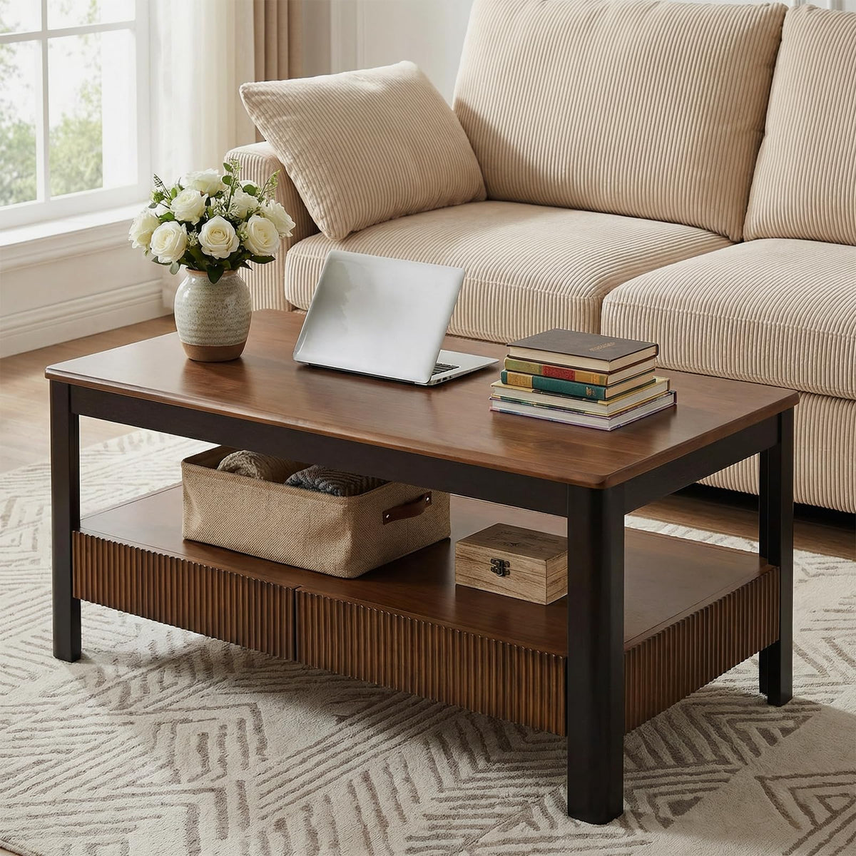 39.4" Walnut Solid Wood Fluted Coffee Table with 2 Drawers O104