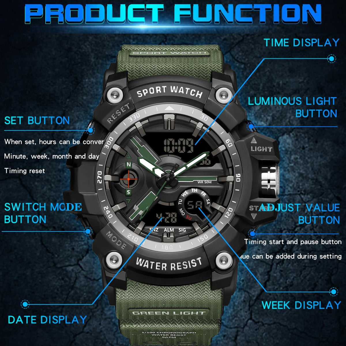 Waterproof Fluorescent Green Digital Watches D89365