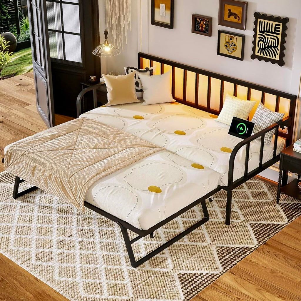 Black Twin to King Metal Daybed with Pop Up Trundle K88254