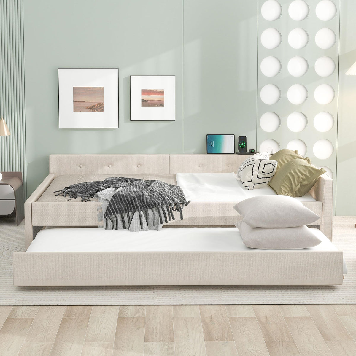 Queen Size Linen Fabric Upholstered Daybed with Trundle O276