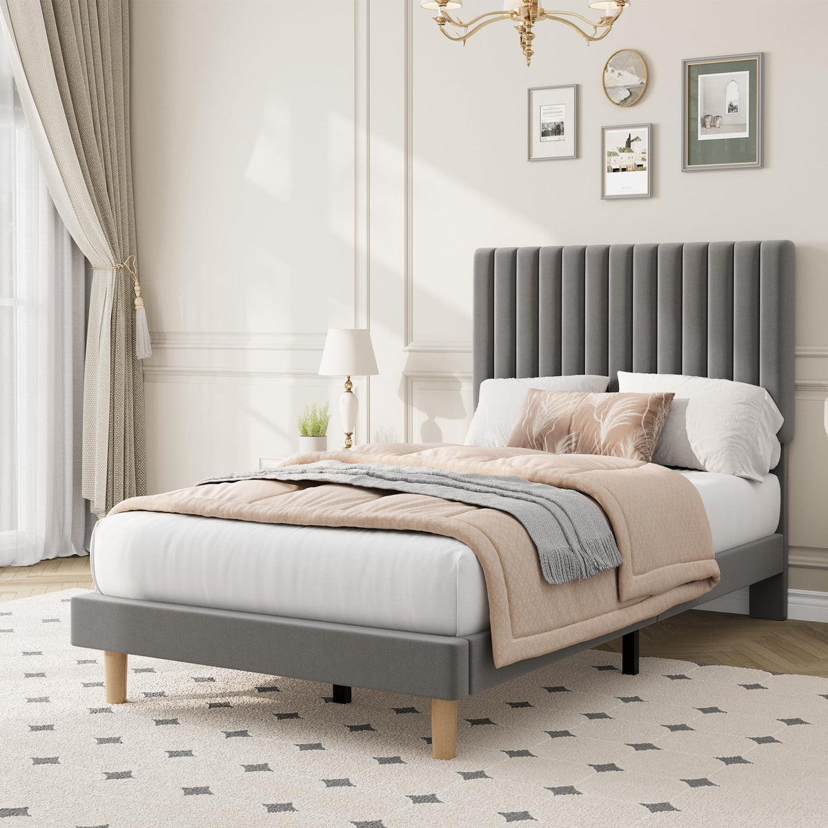 Velvet Upholstered Platform Bed with Adjustable Headboard N809