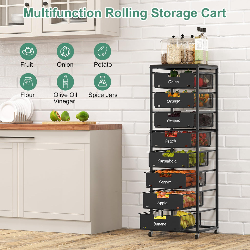 Black 8 Drawer Metal Rolling Storage Cart with Wood Tabletop R3623
