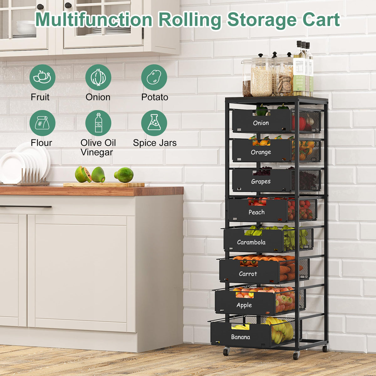 Black 8 Drawer Metal Rolling Storage Cart with Wood Tabletop R3623