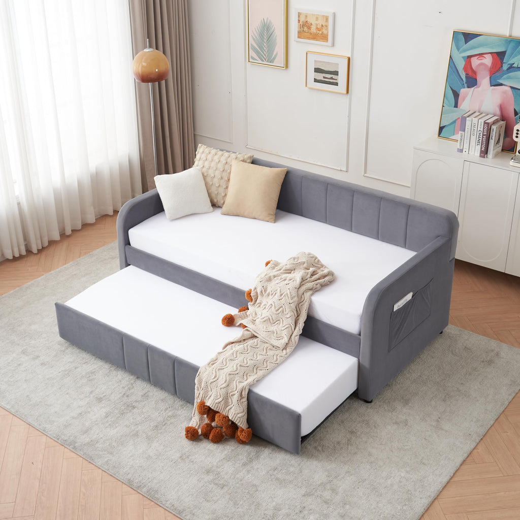 Twin Size Upholstered Daybed with Trundle, Linen Fabric Guest Bed (Gray) U867