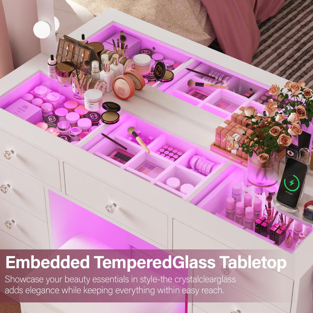 45" Large White Vanity Desk with RGB Lighting O97937