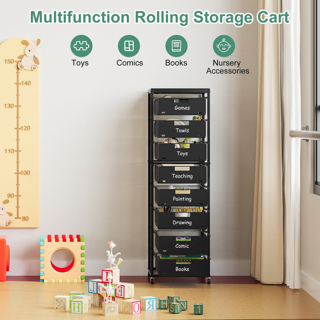 Black 8 Drawer Metal Rolling Storage Cart with Wood Tabletop R3623