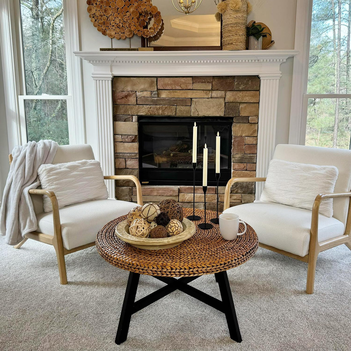 32 Inch Round Handwoven Seagrass Coffee Table with Pine Wood X Base Z879052