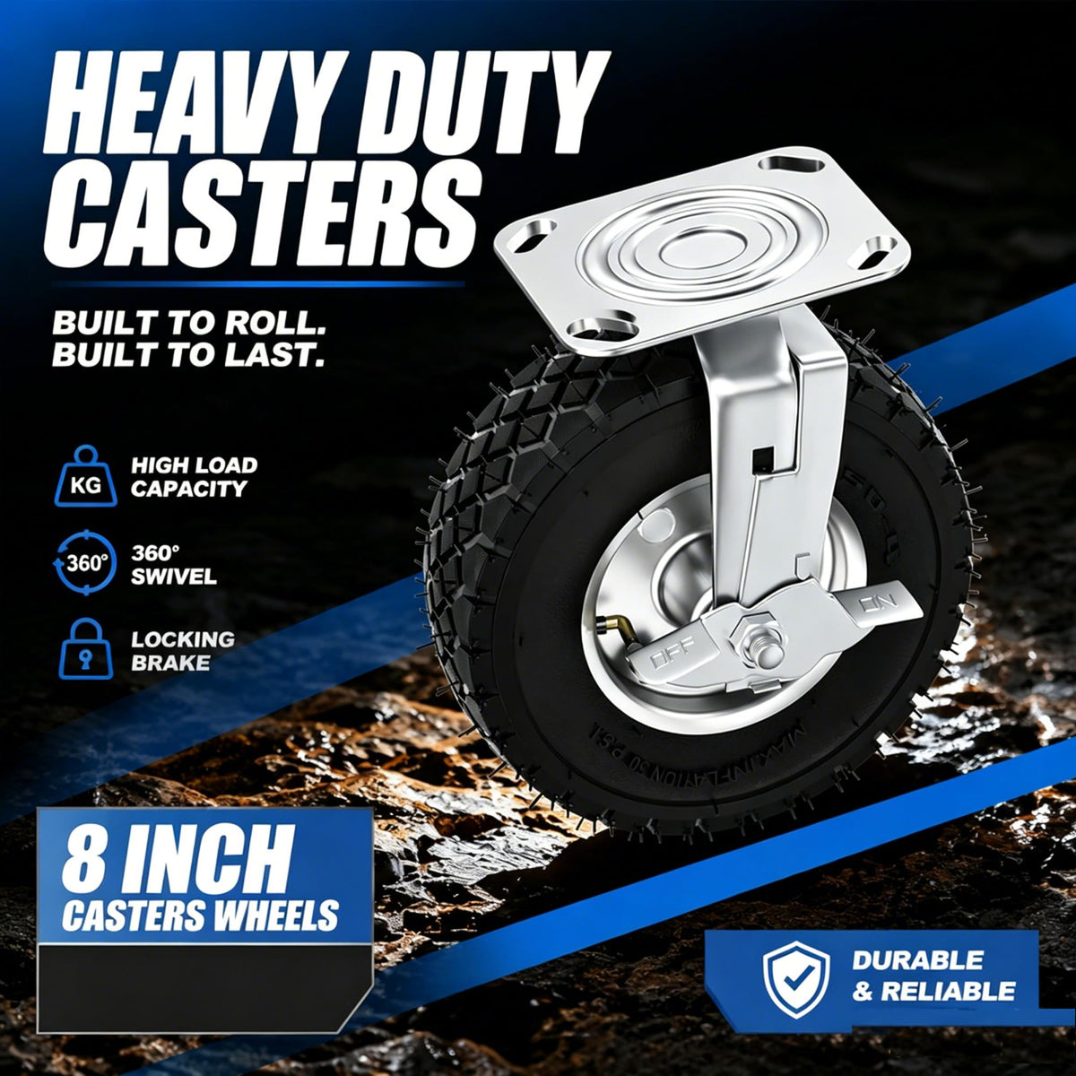 8 Inch Heavy Duty Pneumatic Caster Wheels with Brake, 1000 lbs Capacity, Set of 4 Y238