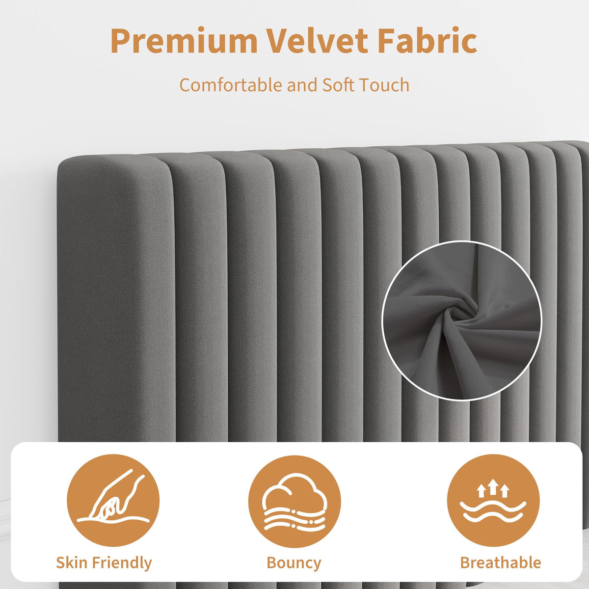 Velvet Upholstered Platform Bed with Adjustable Headboard N809
