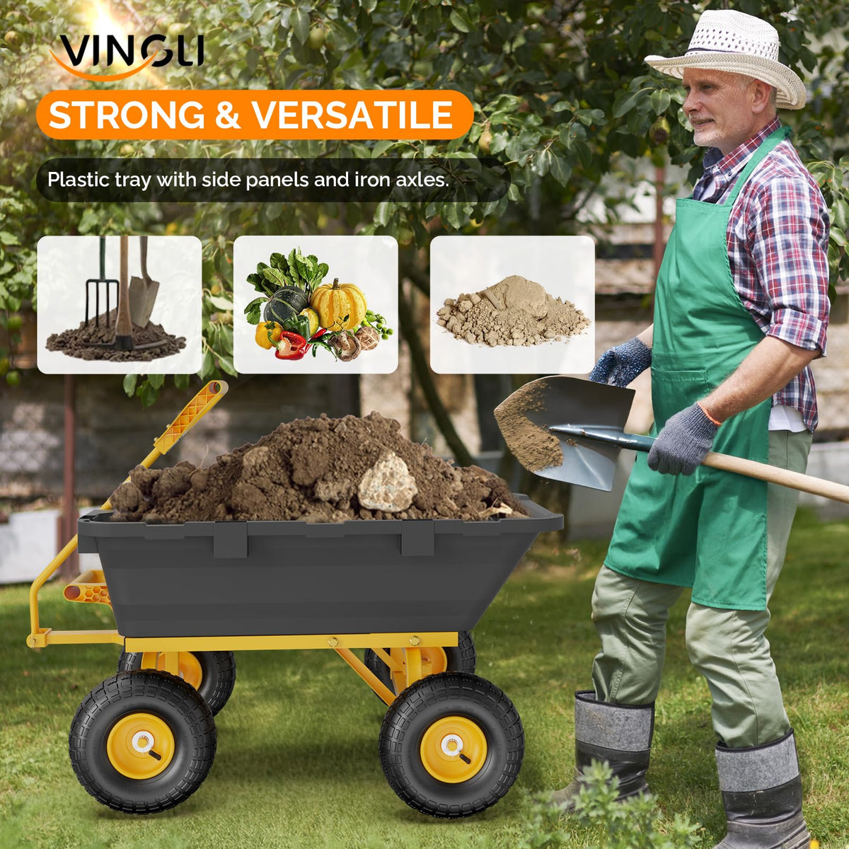 Heavy Duty Dump Cart Wagon, 770LBS Poly Wheelbarrow, 10in All-Terrain Pneumatic Tires K54742