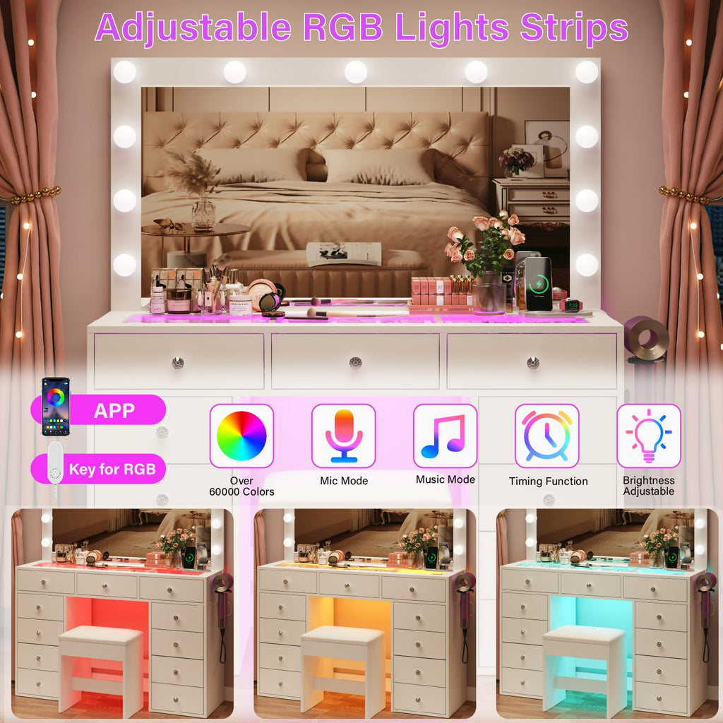 45" Large White Vanity Desk with RGB Lighting O97937