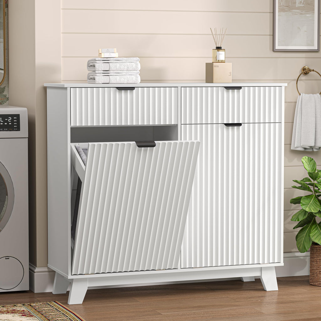 White 20 Gallon Double Tilt Out Laundry Hamper Cabinet with 2 Drawers M9041