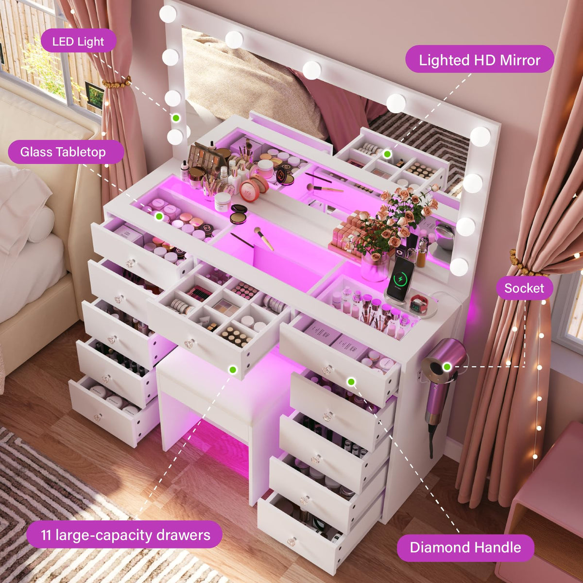 45" Large White Vanity Desk with RGB Lighting O97937