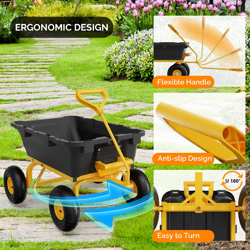 Heavy Duty Dump Cart Wagon, 770LBS Poly Wheelbarrow, 10in All-Terrain Pneumatic Tires K54742