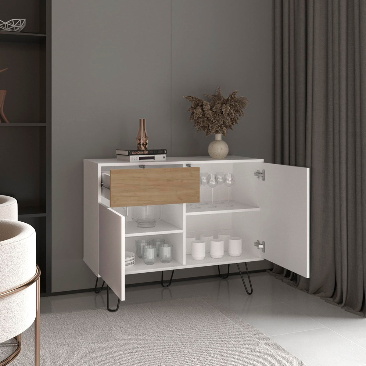 39" White Natural Oak Console Table with Storage T790402