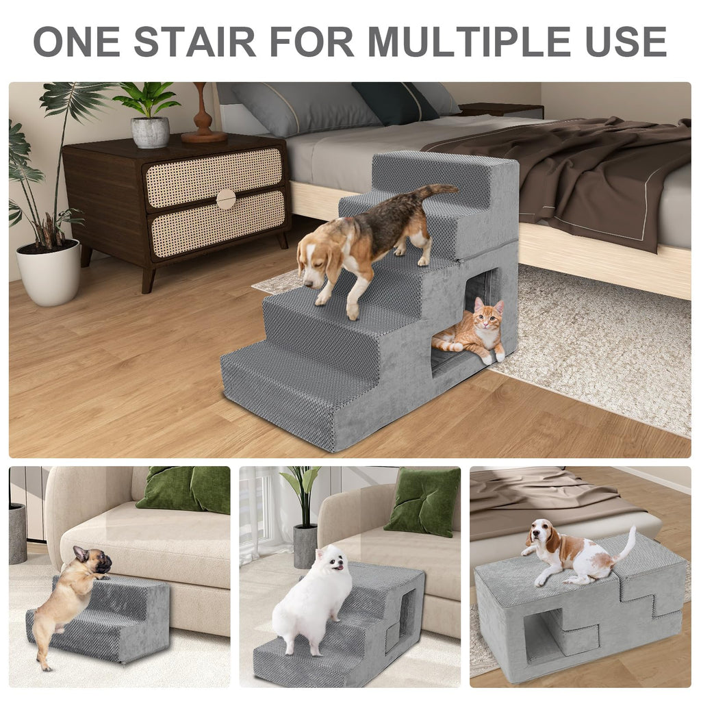 Grey 5-Step Dog Stairs with Non-Slip Washable Cover O73093