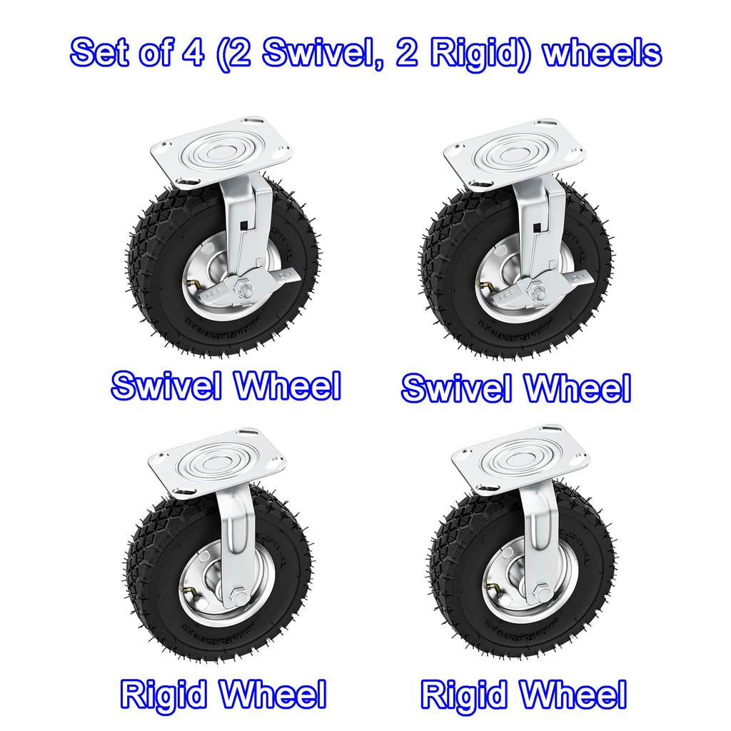 8 Inch Heavy Duty Pneumatic Caster Wheels with Brake, 1000 lbs Capacity, Set of 4 Y238