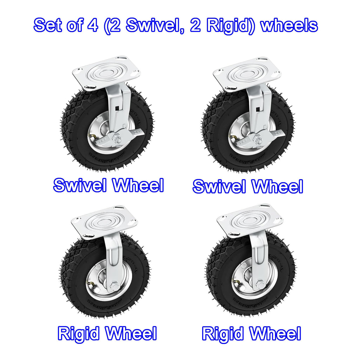 8 Inch Heavy Duty Pneumatic Caster Wheels with Brake, 1000 lbs Capacity, Set of 4 Y238