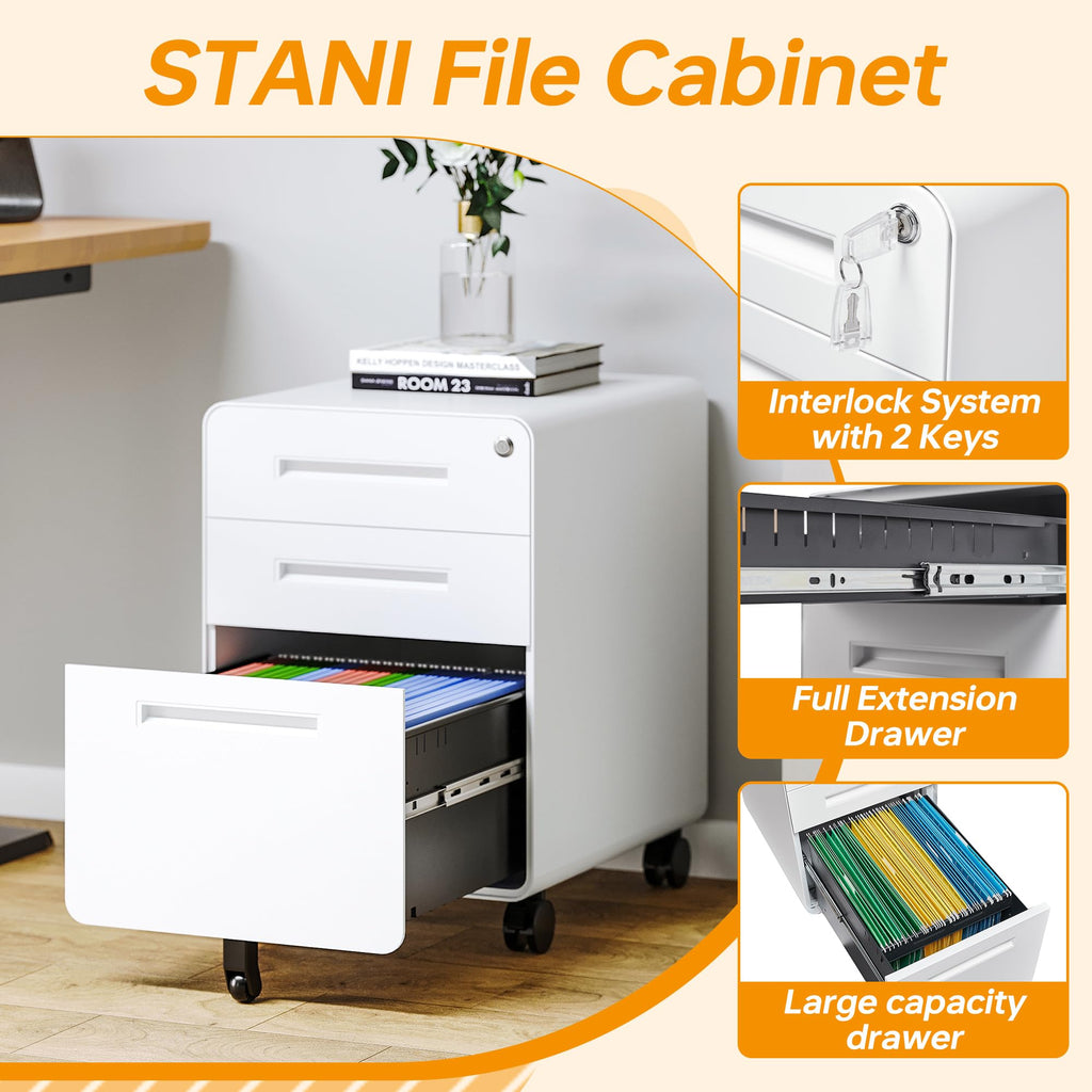 3 Drawer White Metal Filing Cabinet with Lock U467