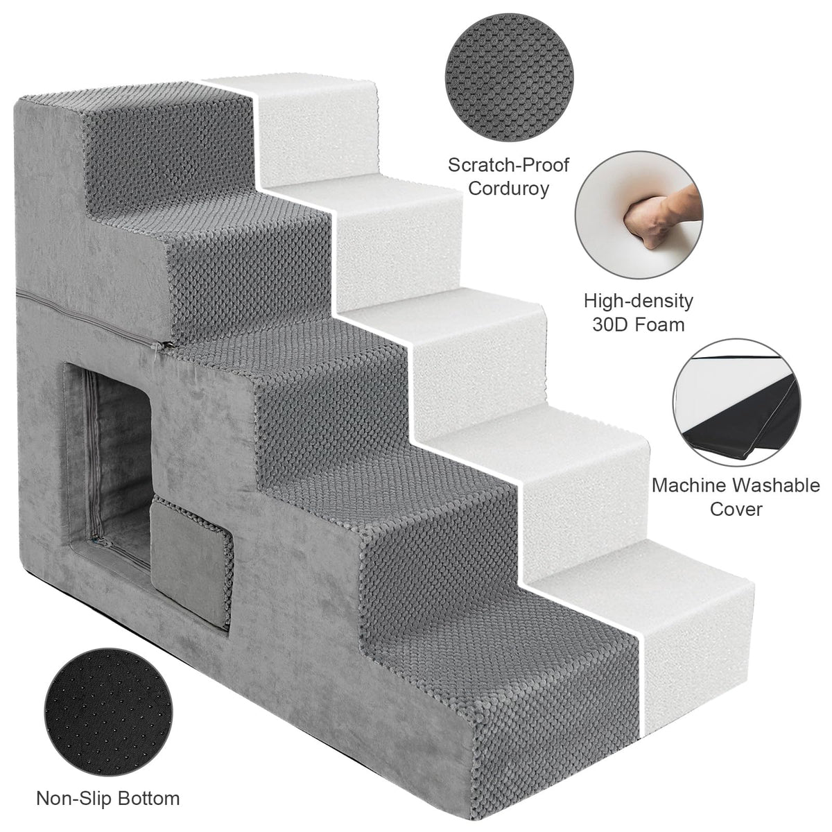 Grey 5-Step Dog Stairs with Non-Slip Washable Cover O73093