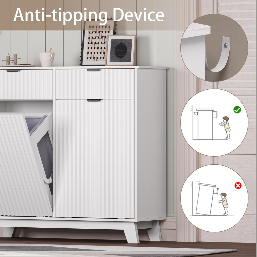 White 20 Gallon Double Tilt Out Laundry Hamper Cabinet with 2 Drawers M9041