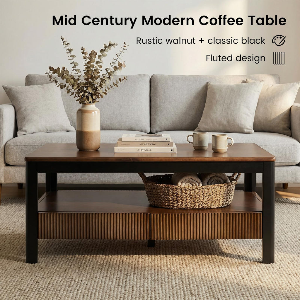 39.4" Walnut Solid Wood Fluted Coffee Table with 2 Drawers O104