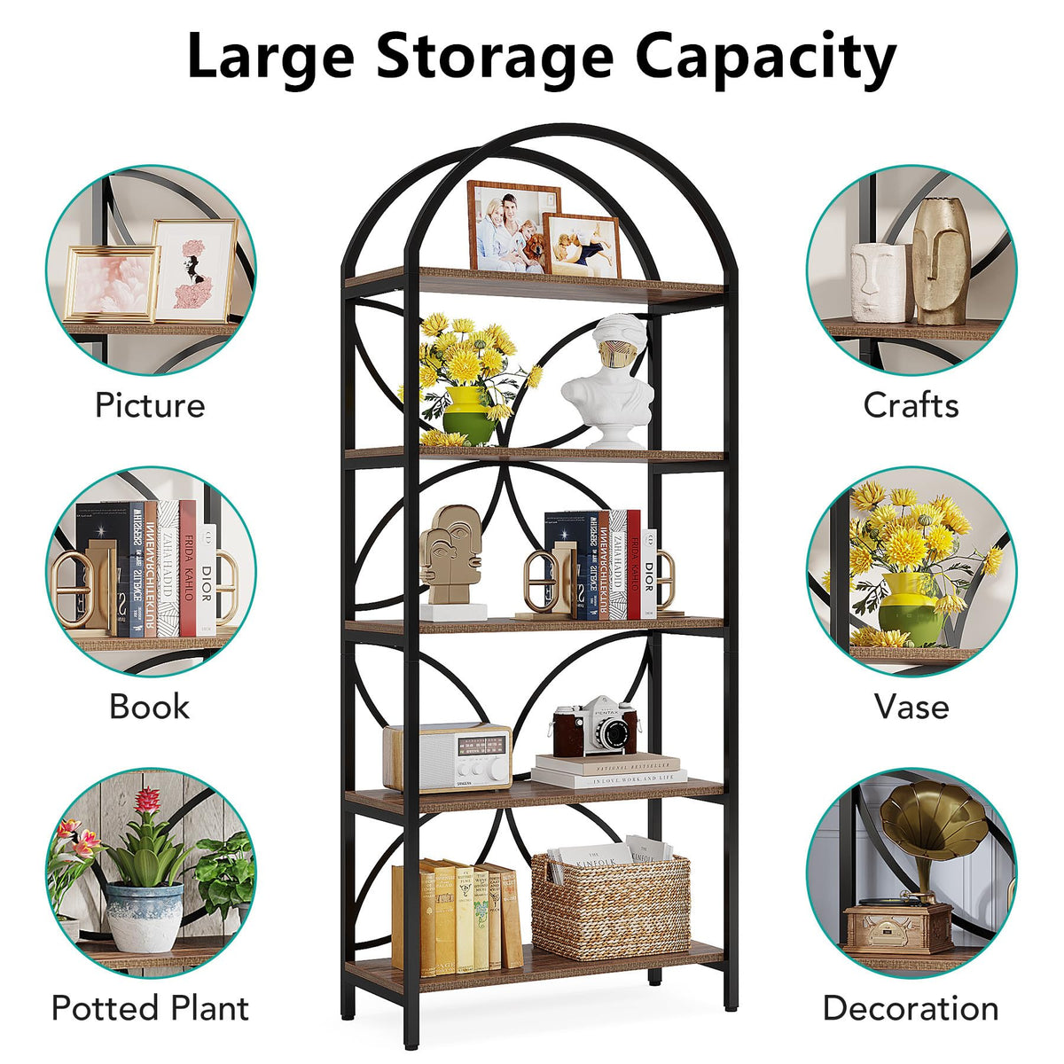 75 Inch Tall Arched 5-Tier Bookshelf U405100