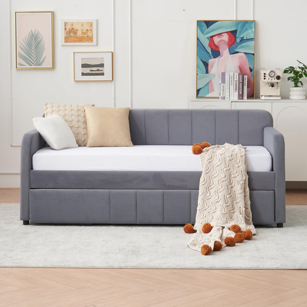 Twin Size Upholstered Daybed with Trundle, Linen Fabric Guest Bed (Gray) U867