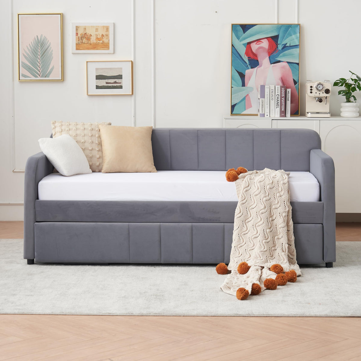 Twin Size Upholstered Daybed with Trundle, Linen Fabric Guest Bed (Gray) U867