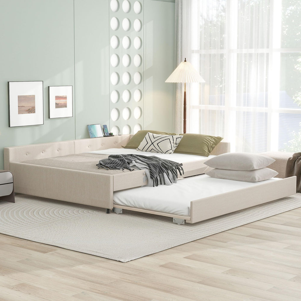 Queen Size Linen Fabric Upholstered Daybed with Trundle O276