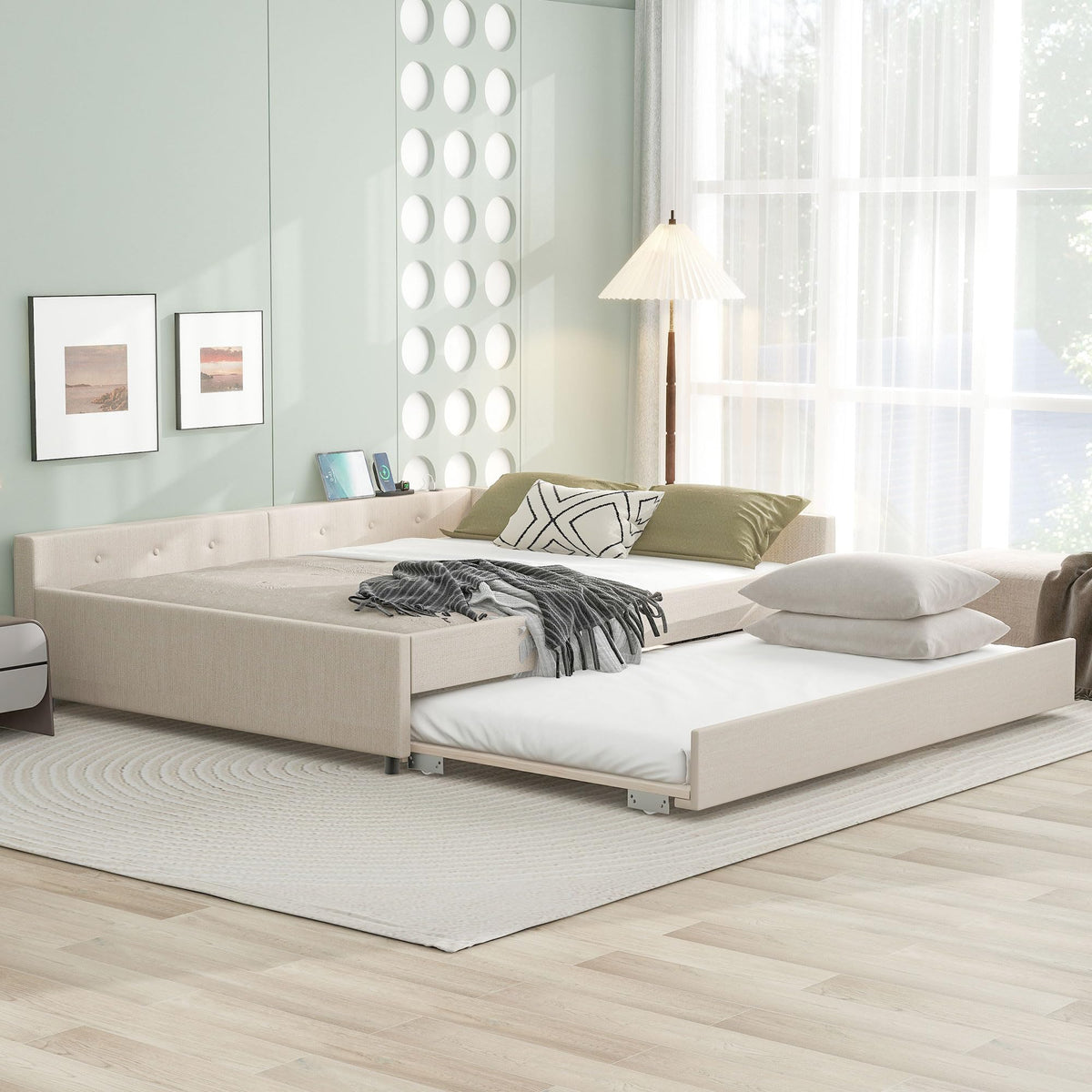 Queen Size Linen Fabric Upholstered Daybed with Trundle O276