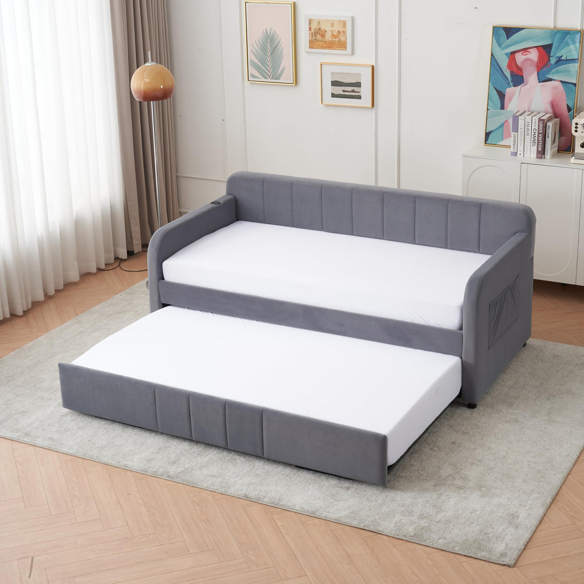 Twin Size Upholstered Daybed with Trundle, Linen Fabric Guest Bed (Gray) U867