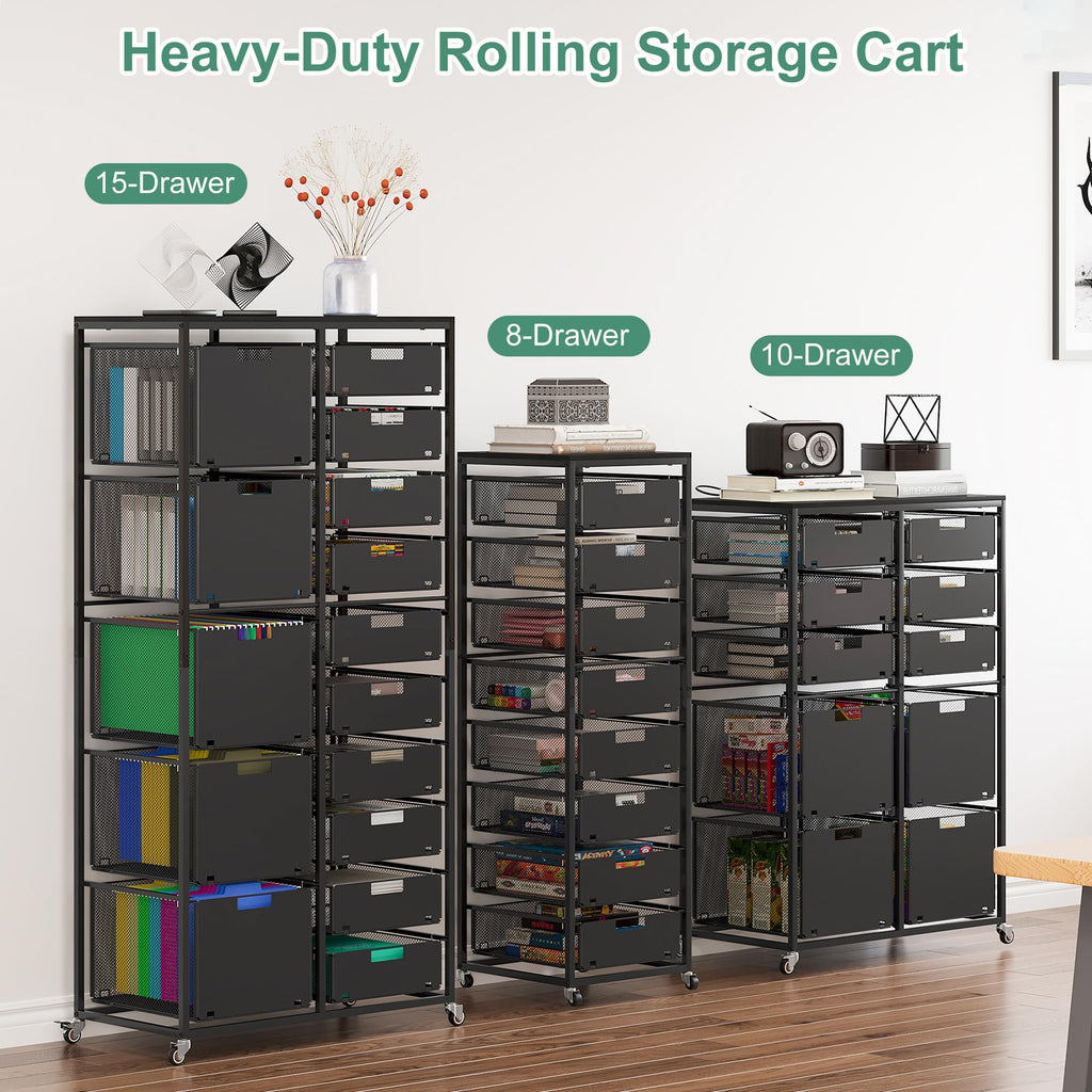Black 8 Drawer Metal Rolling Storage Cart with Wood Tabletop R3623