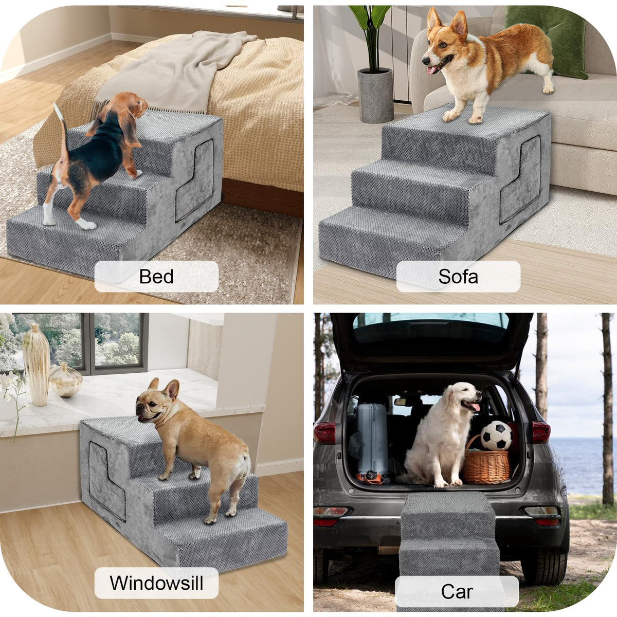 Grey 5-Step Dog Stairs with Non-Slip Washable Cover O73093