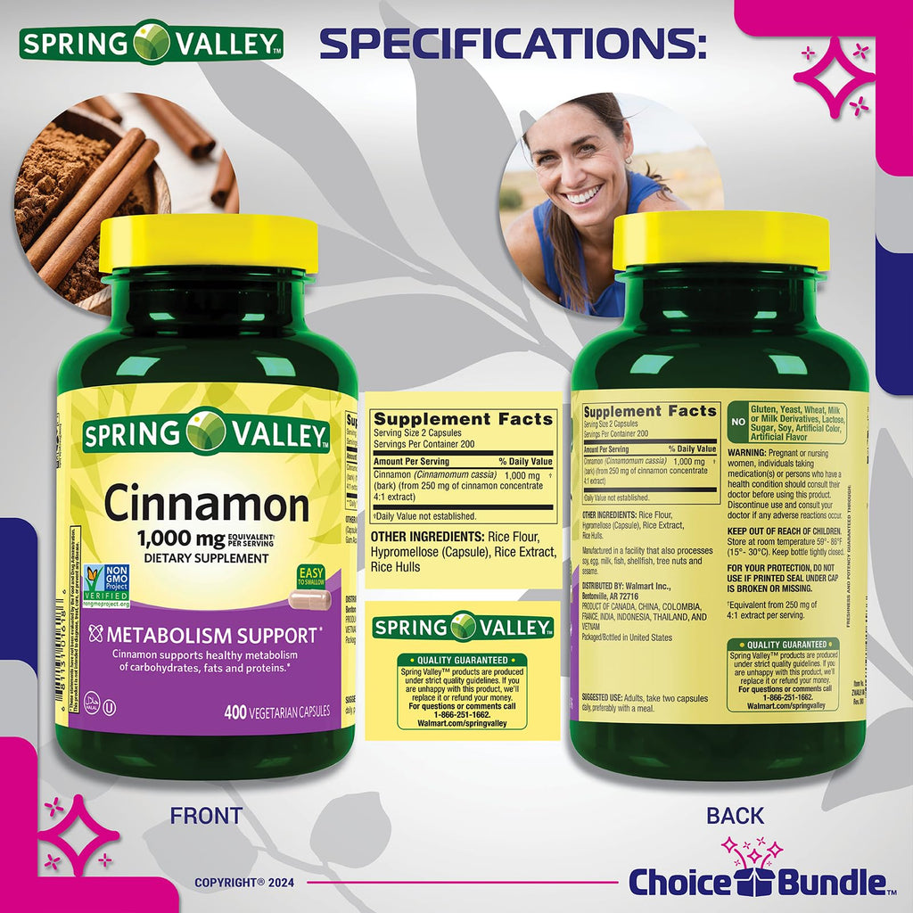 Cinnamon Supplement 1000mg 400 ct Vegetarian Capsules D13703