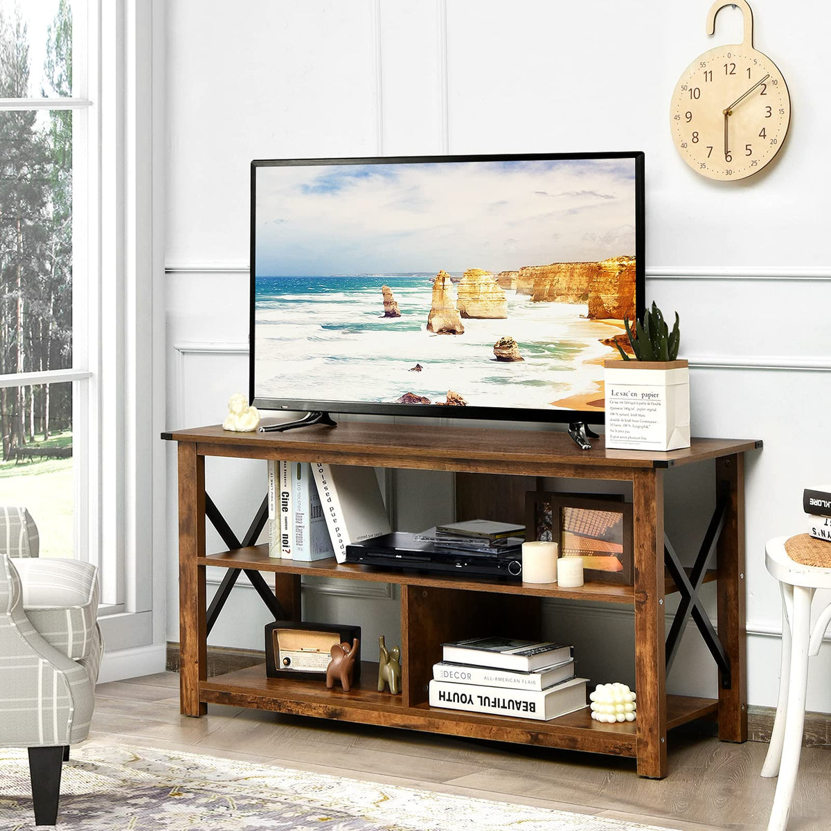 Brown 3 Tier Wood TV Stand with Open Shelves A949