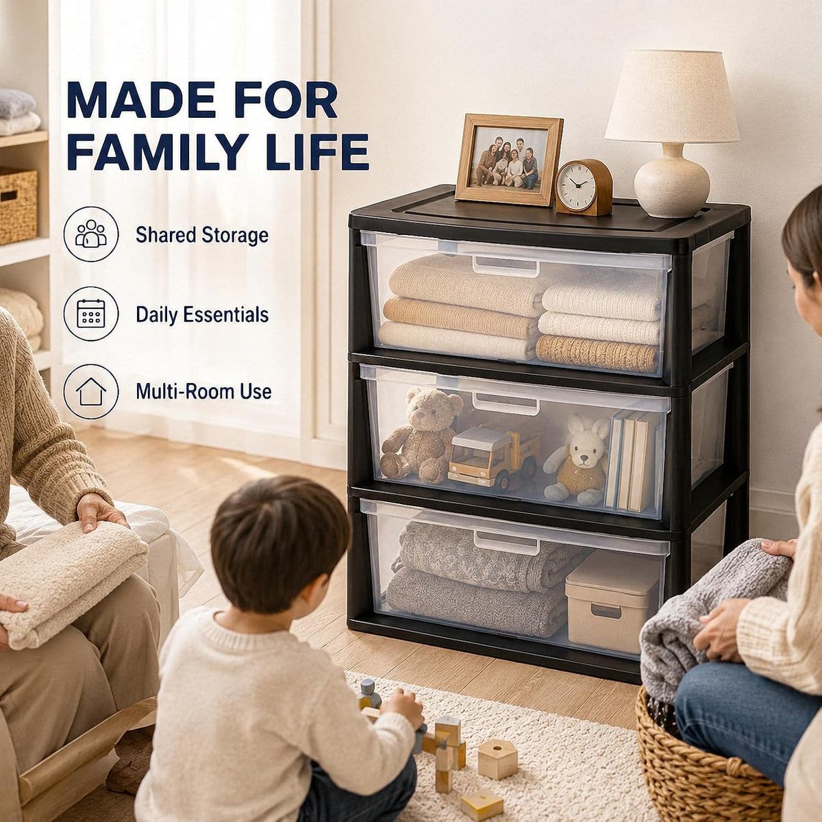 Black 3 Drawer Plastic Storage Tower H118230