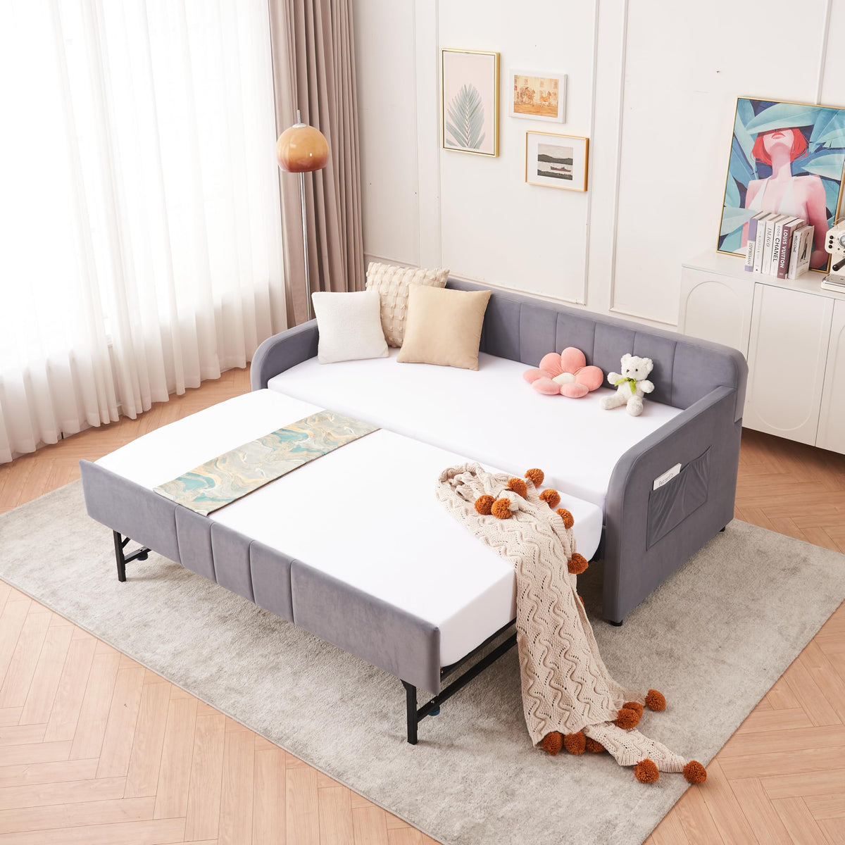 Twin Size Upholstered Daybed with Trundle, Linen Fabric Guest Bed (Gray) U867