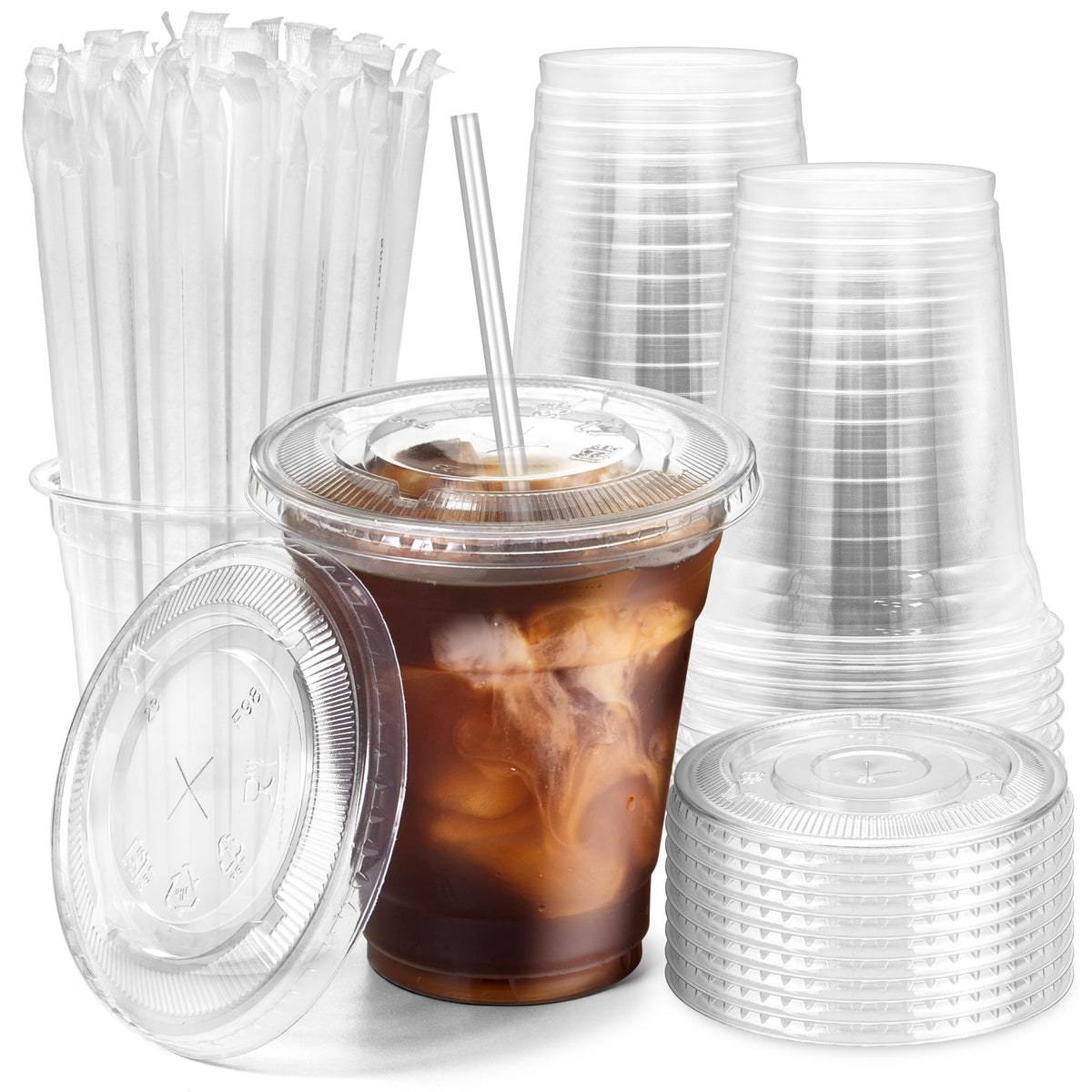 12 oz Clear Plastic Cups with Lids and Straws R799178