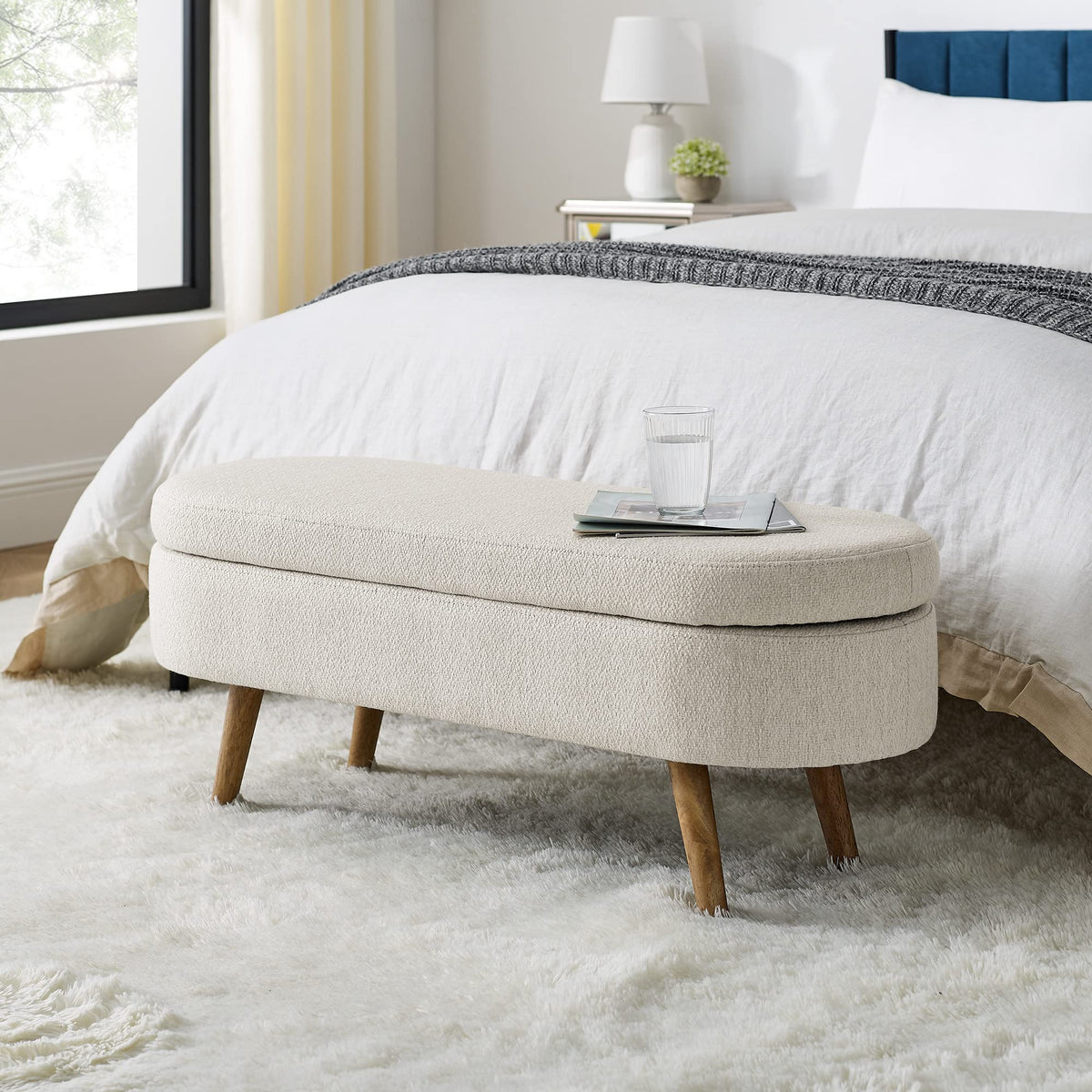 Beige Oval Storage Bench with Rubber Wood Legs K950