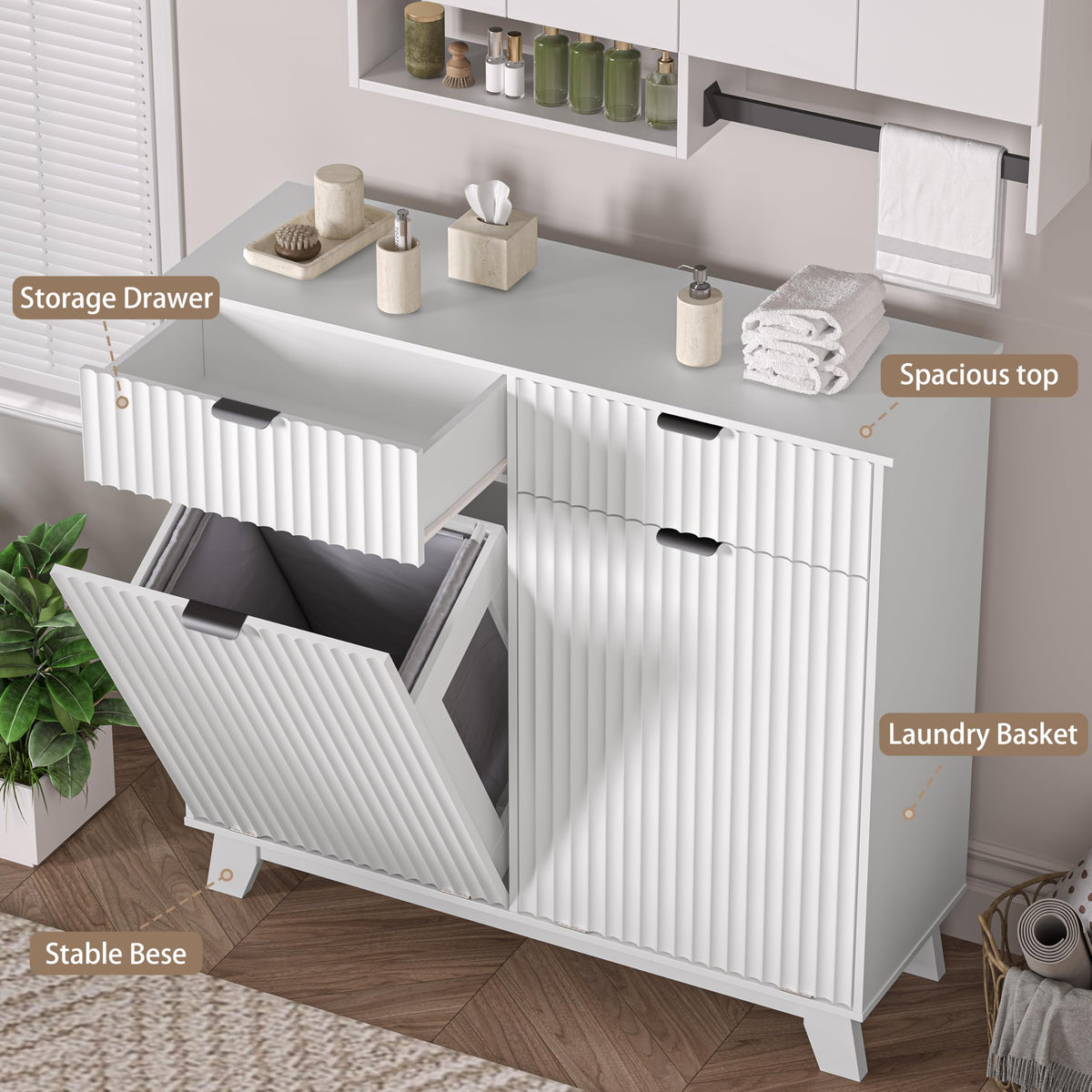 White 20 Gallon Double Tilt Out Laundry Hamper Cabinet with 2 Drawers M9041