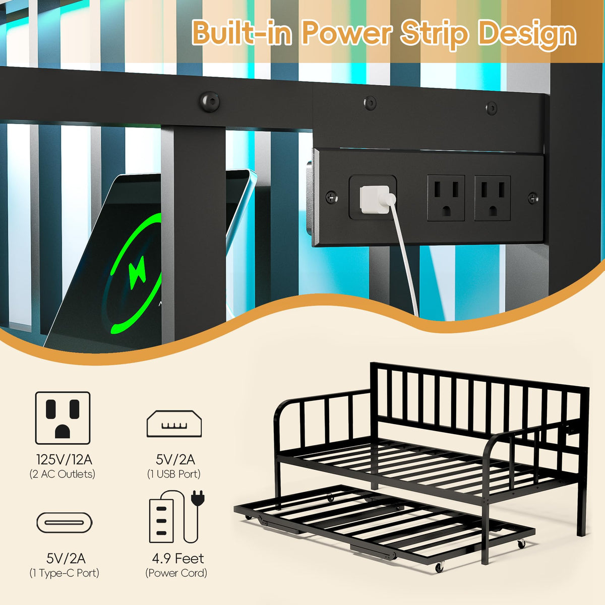 Black Twin to King Metal Daybed with Pop Up Trundle K88254
