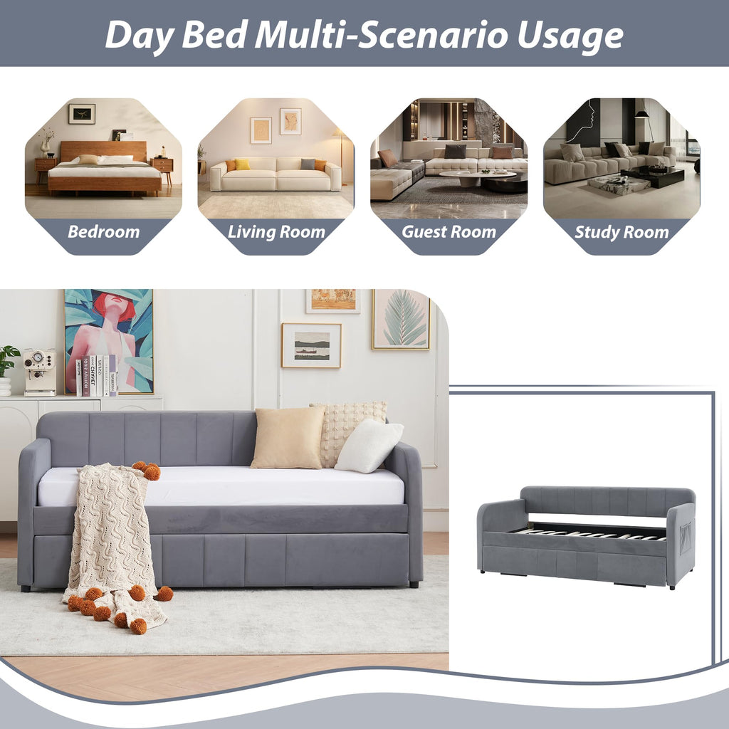 Twin Size Upholstered Daybed with Trundle, Linen Fabric Guest Bed (Gray) U867