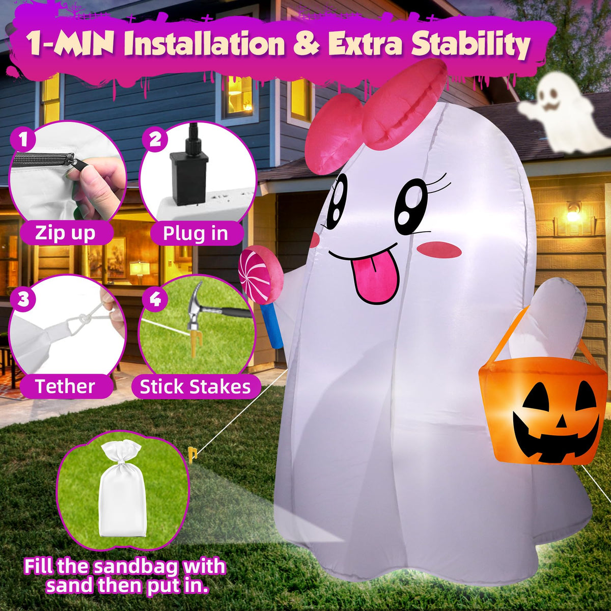 5FT Halloween Inflatables Ghost with Built-in LED Lights M144250