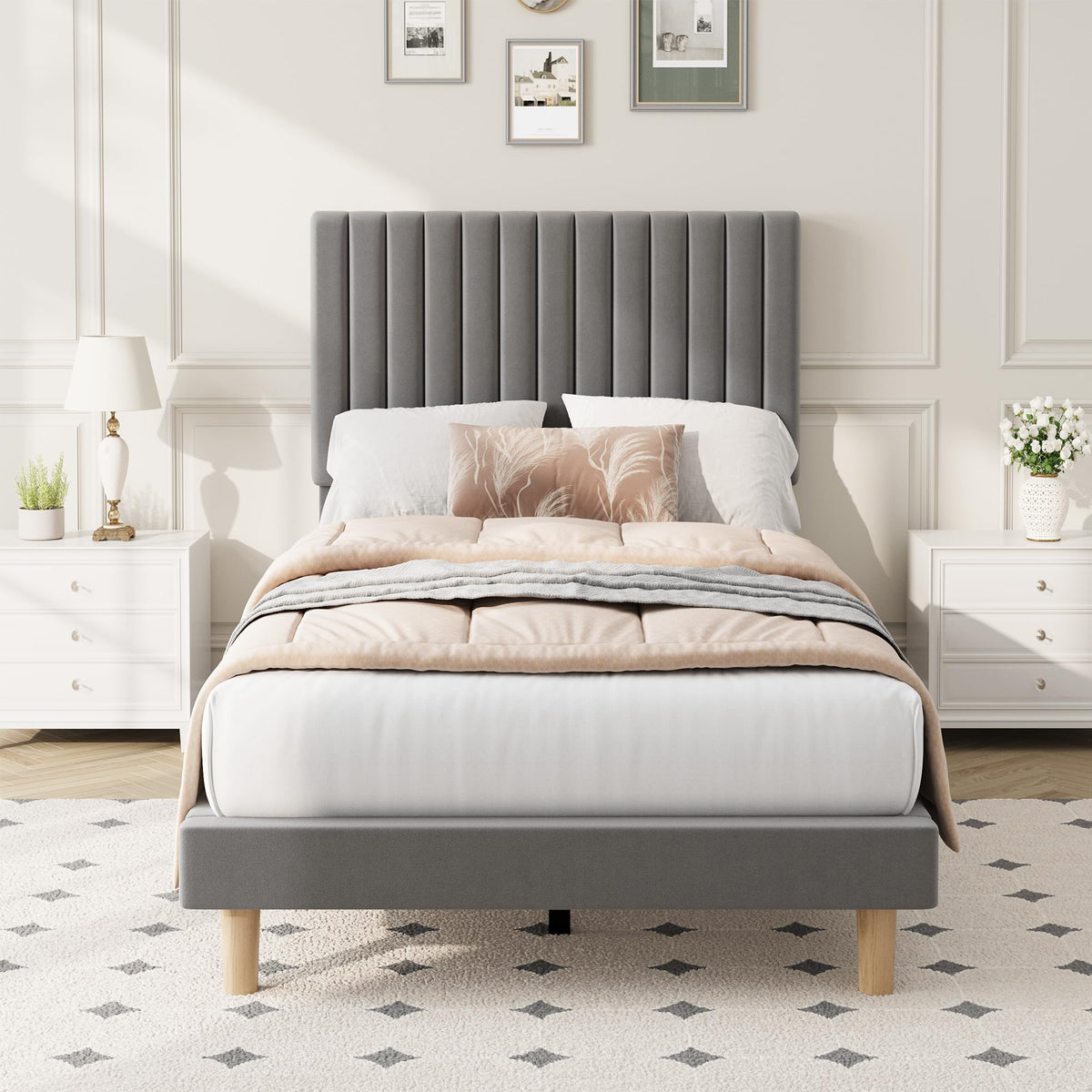 Velvet Upholstered Platform Bed with Adjustable Headboard N809