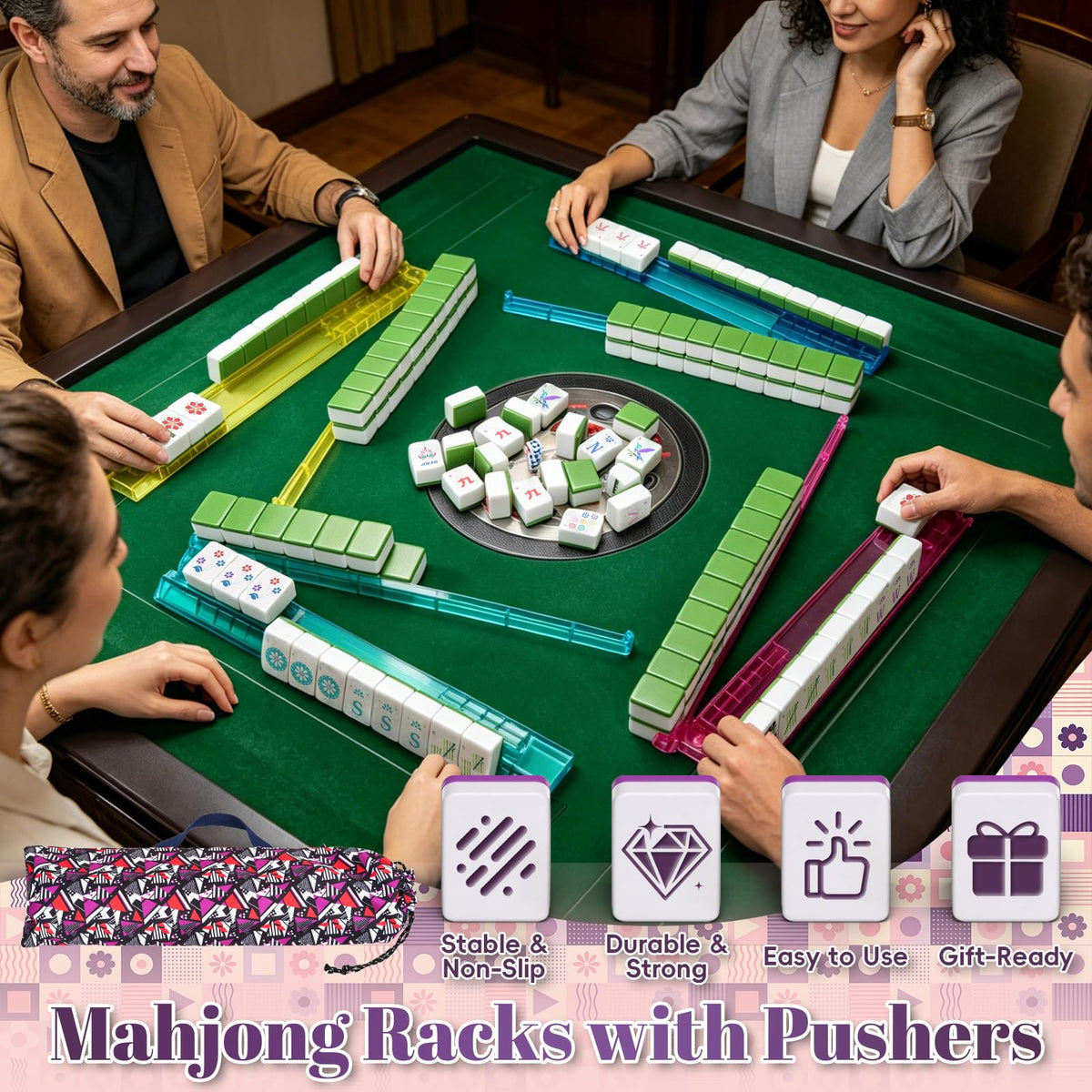 4 Pack Non-Slip Acrylic Mahjong Racks with Pushers I83023