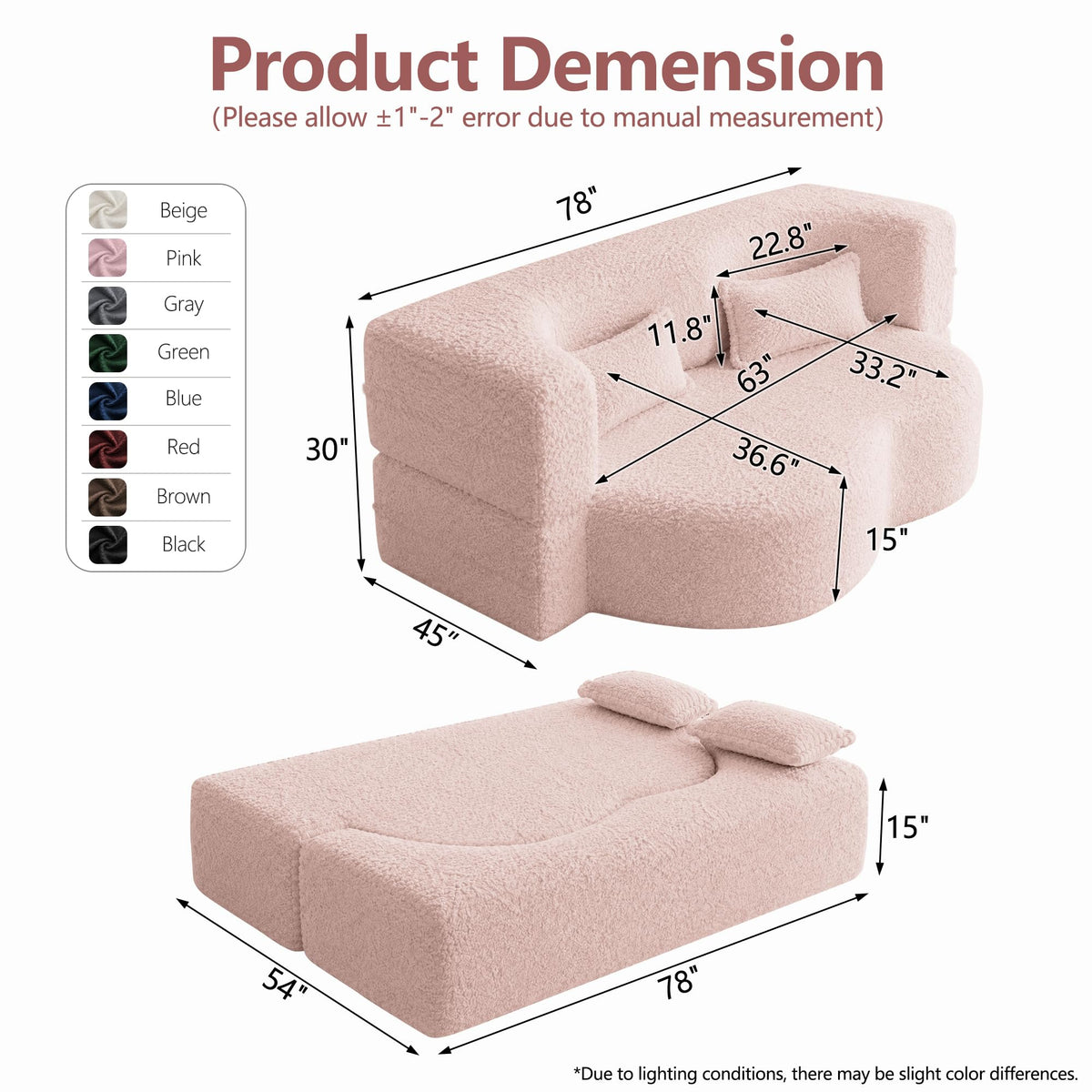78" Pink Sherpa Futon Sofa Bed K273