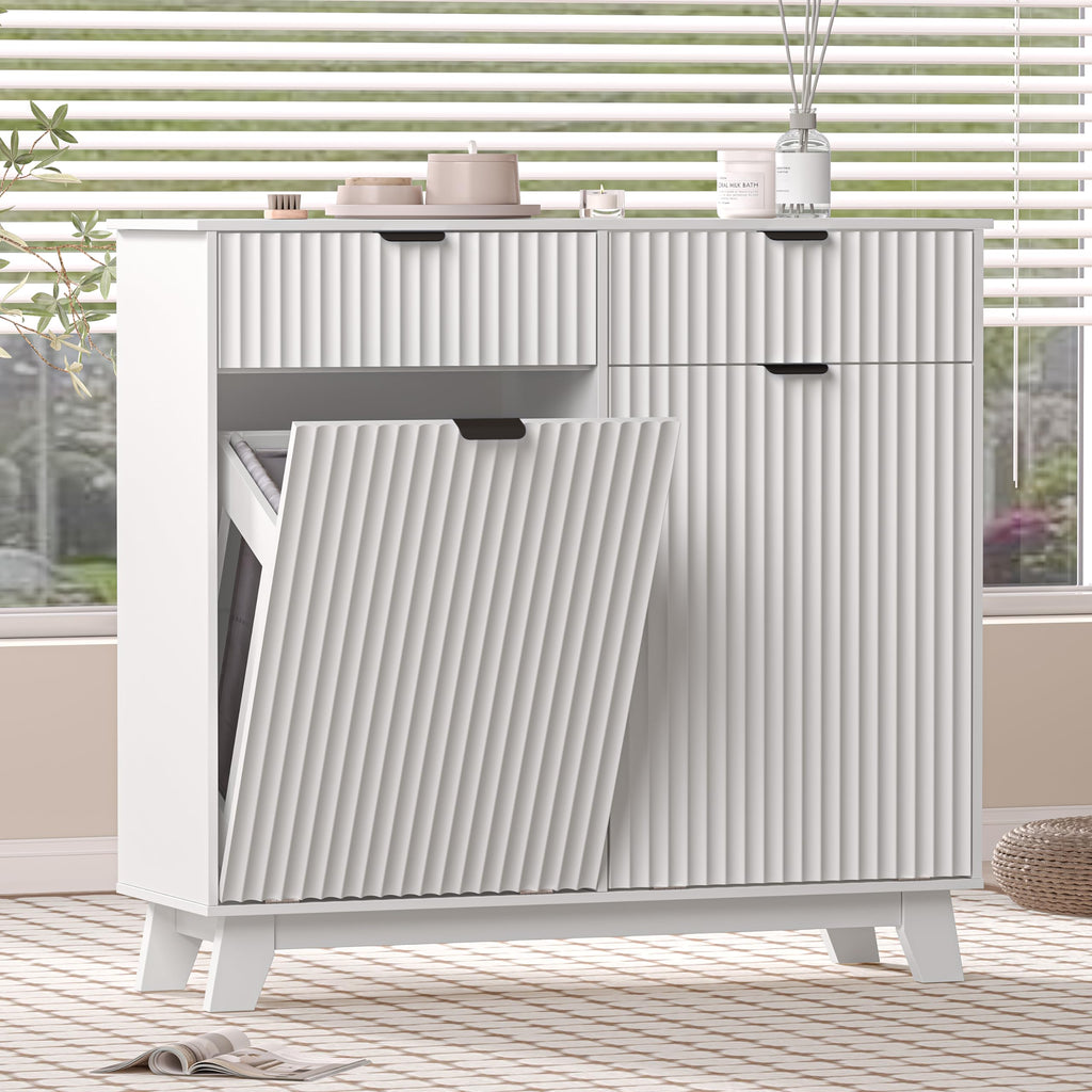 White 20 Gallon Double Tilt Out Laundry Hamper Cabinet with 2 Drawers M9041