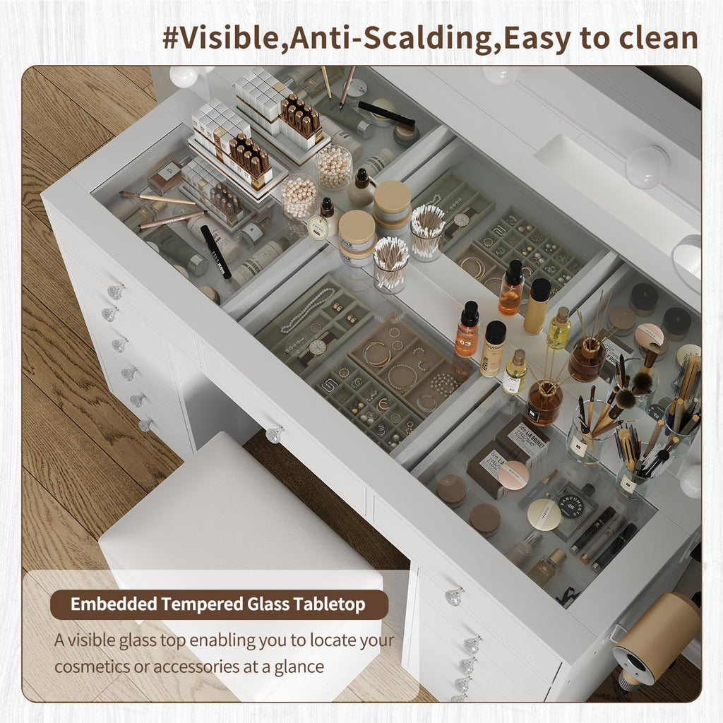 47" White Makeup Vanity with 13 Drawers and HD Mirror T9596